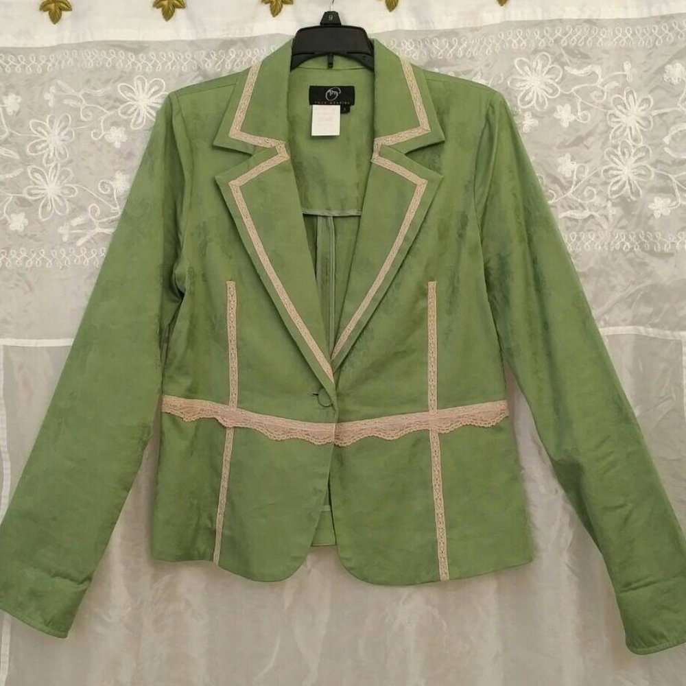 Sage Green Blazer, Beige Lace Trim, Cotton, Size 8